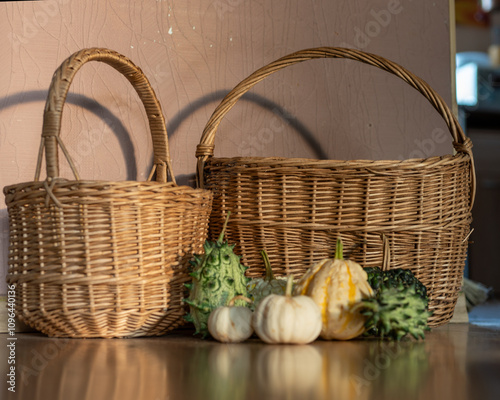 beautiful wicker baskets, various garden produce, pumpkins, home products, interior items, autumn harvest