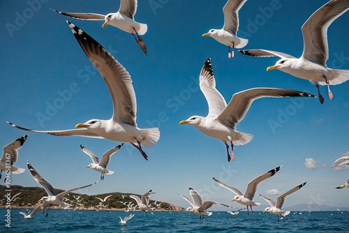 Gathering of Seagulls Soaring Over Blue Skies