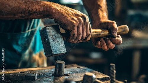 Skilled Metalworker Hammering Unique Handmade Metal Craft