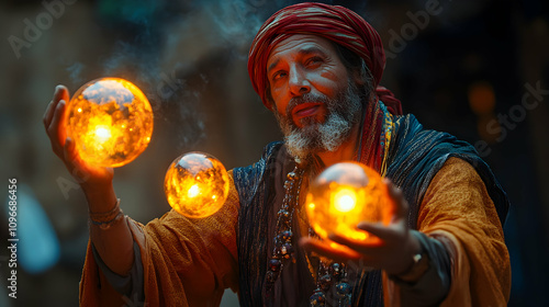 Middle-aged man with a beard, wearing a turban and robe, magically manipulates three glowing orbs. A mystical and captivating scene.