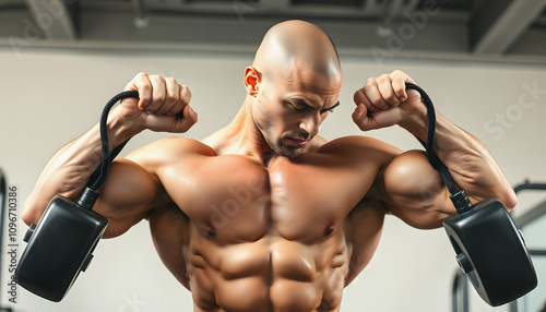 Bald Caucasian Bodybuilder doing heavy triceps exercises with cable. Vertical image isolated highlighted by white, png