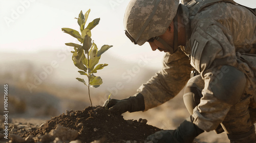 Soldier Planting Tree in Ruined Landscape for Environmental Hope