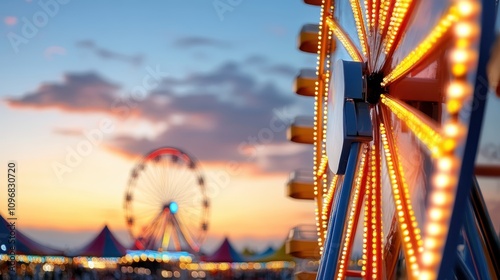 A profile view of a glowing Ferris wheel illuminated against a picturesque twilight sky, capturing the essence of joy and enchantment at the carnival.