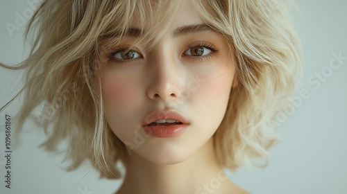 fashion magazine, korean asian model with shaggy blondie color and highlight of pastel - round hair, her hairs cover her face very smoothly , business attire , heavenly bob haircut