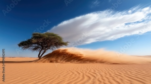 The dynamic forces of wind and clouds swirl around a solitary tree in the desert, illustrating the powerful, ever-changing interplay between earth and sky.