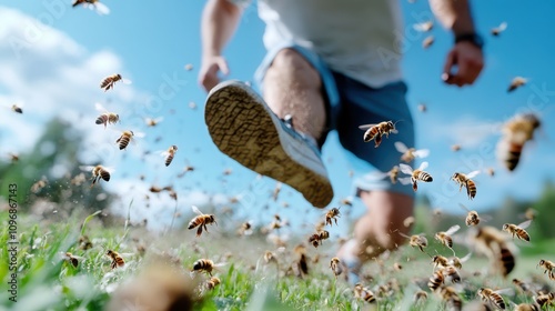 An action-oriented scene capturing a person quickly escaping from a buzzing bee swarm, encapsulating the thrill and vibrant energy of a sunny natural landscape.