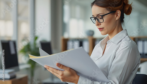 Woman office worker examines contents of folders carefully isolated highlighted by white, png