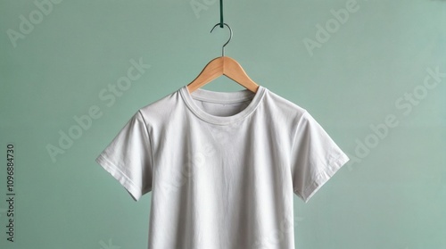 A photo of a white t-shirt hanging on a wooden hanger against a solid mint green background.