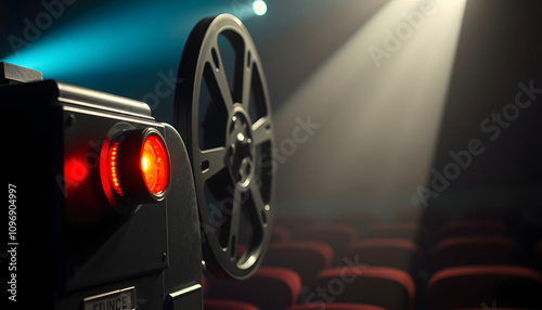 close-up turn off vintage film projector playing a movie in a movie theater. The reel of film and a beam of light pierces the darkness. Movie finish, end titles isolated highlighted by white, png