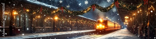 A magical train station decorated for Christmas, with garlands and lights hanging over the platform, while a glowing train arrives through the snow.