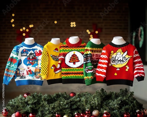 A fun, exaggerated display of an ugly Christmas sweater contest, showcasing sweaters with outrageous designs and bright colors set against a backdrop of holiday decorations.