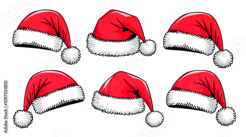 Set of red Christmas Santa Claus hats isolated on white background. Hand drawn simple Santa hats. 