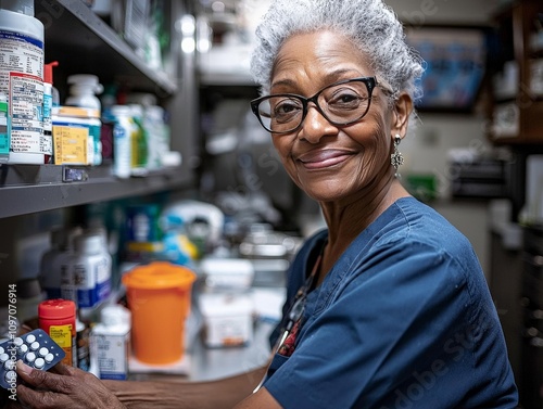 A home health aide preparing medication for a patient, ensuring correct dosages in a well-organized kitchen