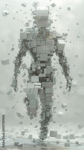 A figure made of small, floating cubes is in the center of the image. Concept illustrates digital transformation. For artistic design.