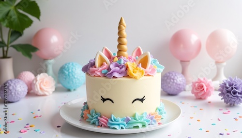 A charming cake in the shape of a cute unicorn with a funny horn and beautiful eyes, white cream and delicate coloured meringues; a delicious gastronomy treat, ideal for holidays and special occasions