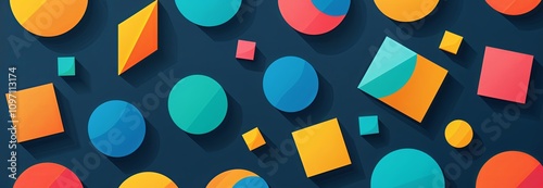 vibrant and dynamic abstract background featuring colorful geometric shapes in a flat design style. Circles, squares, and rhombus shapes create a playful and visually appealing pattern.