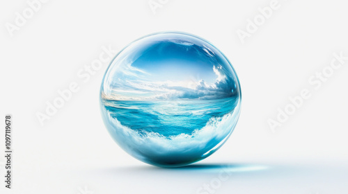 Glass marble depicting a serene ocean with waves and blue sky. Generative AI