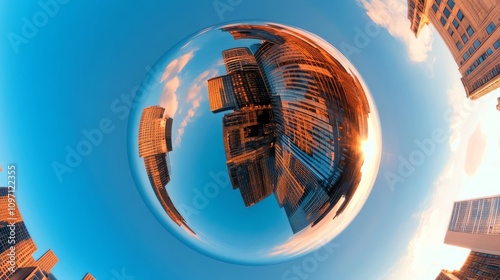 A metallic fish-eye lens with curved reflections of an urban cityscape, fish-eye lens urban, wide-angle creativity