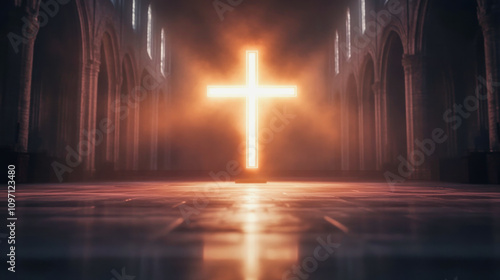 Lighted cross illuminating a dark cathedral interior at twilight. Generative AI