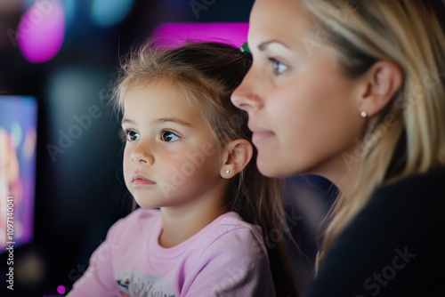 Mother and daughter enjoying gaming experience together in a vibrant arcade setting