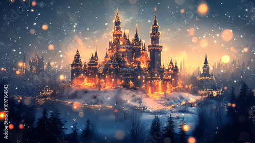 Enchanting christmas fantasy: fairy-tale castle with holiday lights in winter wonderland. Ethereal Winter Kingdom. Illustration