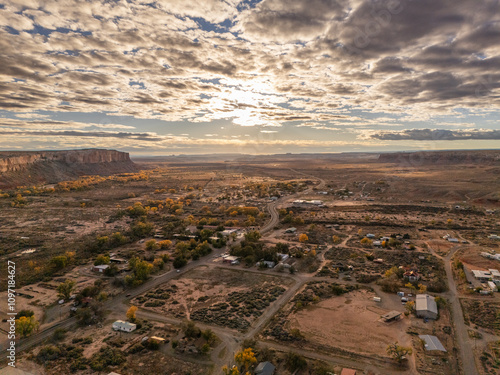 Bluff, southern Utah, amazing panorama of a small rural village, gateway to the Monument Valley. Autumn colors, long shadows 