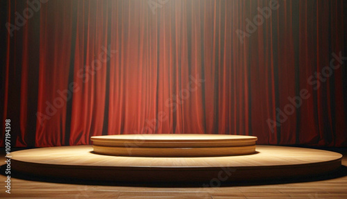 3d wooden podium with red curtain and lighting background for product display. Generative AI