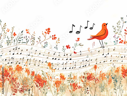 Colorful musical notes joyfully bouncing along staff lines, with bird singing, against a bright white background. Music copy space. Sound mockup. Singing, playing instruments