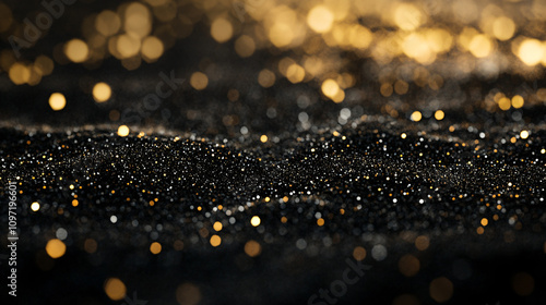 Luxurious and festive concept with golden particles falling on black sand, creating waves and a bokeh effect