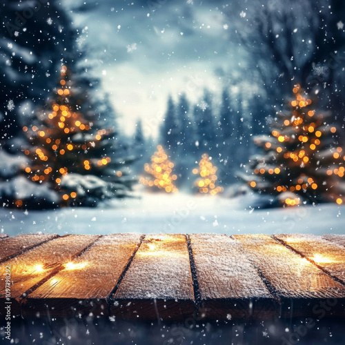 Merry Cristmas and happy New Year greeting background with table .Winter landscape with snow and Christmas trees