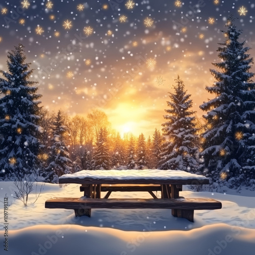 Merry Cristmas and happy New Year greeting background with table .Winter landscape with snow and Christmas trees