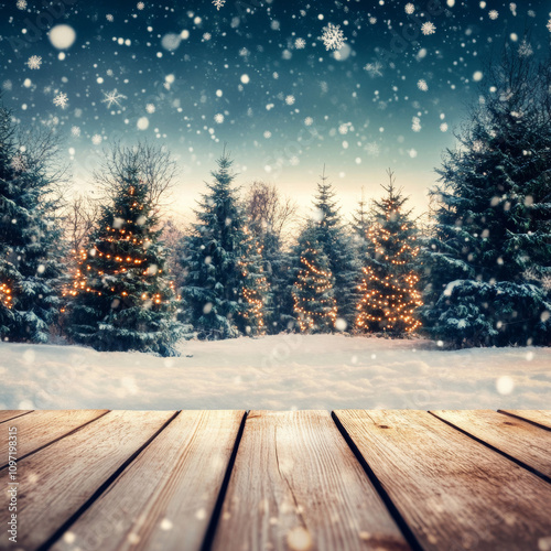 Merry Cristmas and happy New Year greeting background with table .Winter landscape with snow and Christmas trees