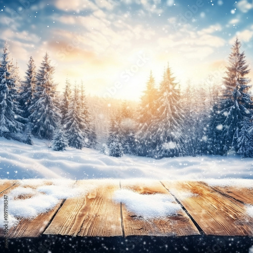 Merry Cristmas and happy New Year greeting background with table .Winter landscape with snow and Christmas trees