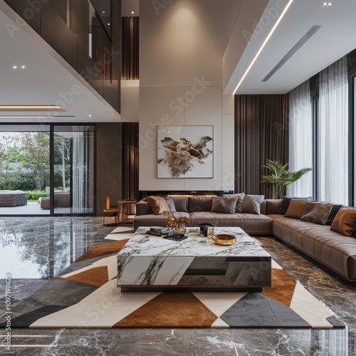 Modern Luxury Living Room with Elegant Marble Coffee Table and Geometric Rug Design. Villa open space.