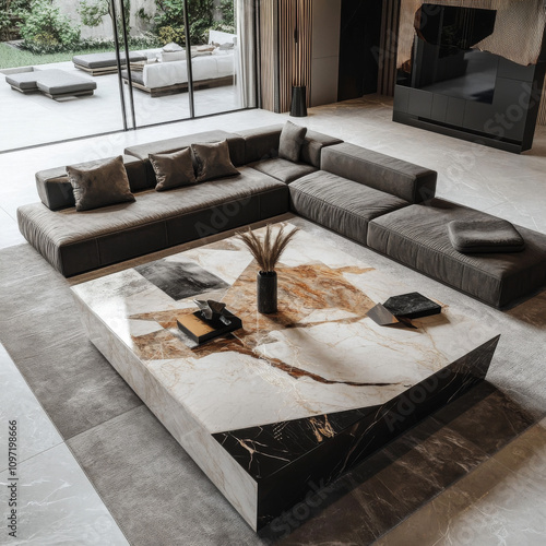 Modern Luxury Living Room with Elegant Marble Coffee Table and Geometric Rug Design. Villa open space.