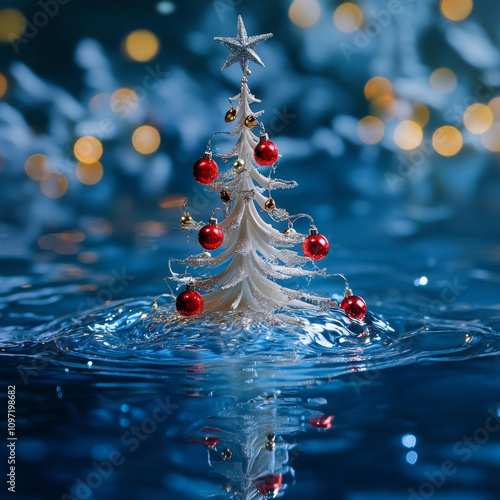 new year tree decoration in the water, christmas decoration in blue water