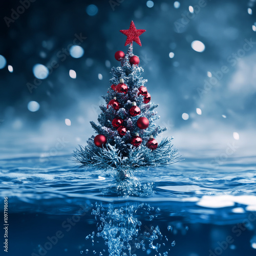 new year tree decoration in the water, christmas decoration in blue water