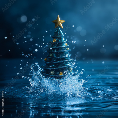 new year tree decoration in the water, christmas decoration in blue water