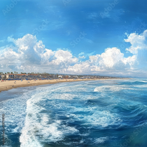 Panoramic View of Huntington Beach from the Pier, Orange County, California