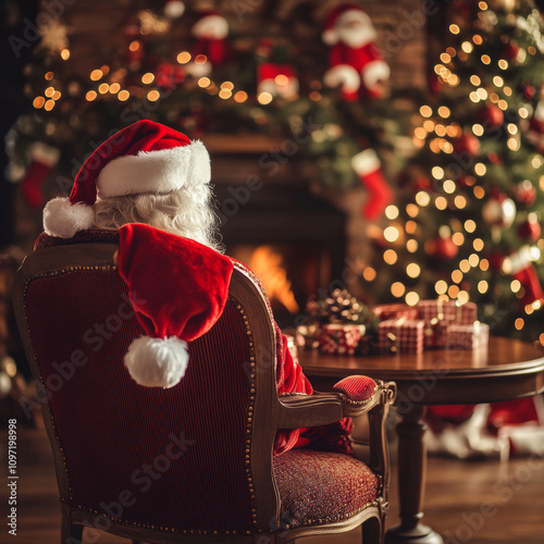 Santa Claus costume and hat hanging on chair at table with Merry Christmas decor gifts presents on holiday eve in cozy Santa home workshop interior late in night with light on xmas tree and fireplace.