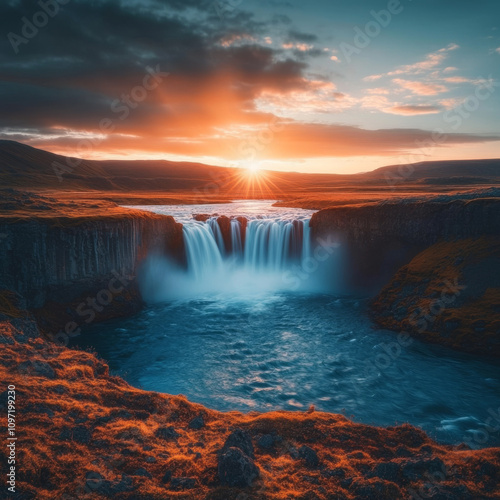 Stunning view of the Godafoss waterfall on Skjalfandafljot river. Location place Bardardalur, Northern Iceland, Europe. Popular tourist attraction. Photo wallpaper. Discovery the beauty of earth.