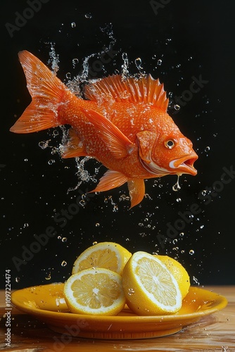 Vibrant pan-fried red fish with splashes of water and fresh lemon slices on a plate