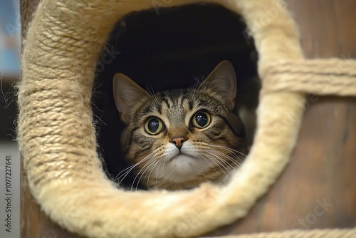 A cat glimpsing from a pet tower