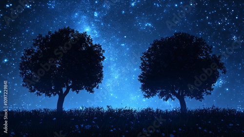 Two majestic trees stand in the shadow of a stunning starry night sky, bathed in the enchanting light of the milky way