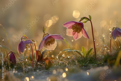 Embracing the enchanting vibrancy of winter blooming Hellebores in the morning mist