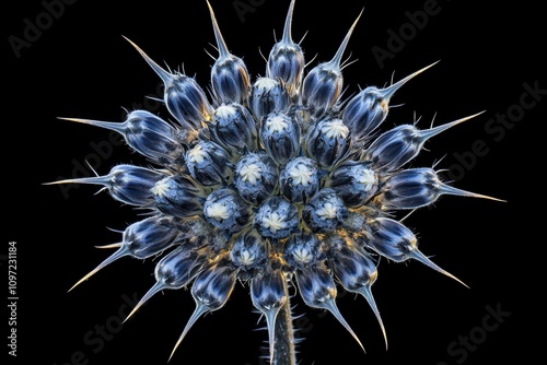 Eryngium bourgatii or Mediterranean sea holly is a flowering plant with spiny bracts and round blue flowerheads