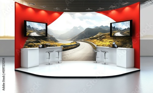 Expo booth design prototype Includes backdrop table chairs banner stand and TV Realistic 3D model