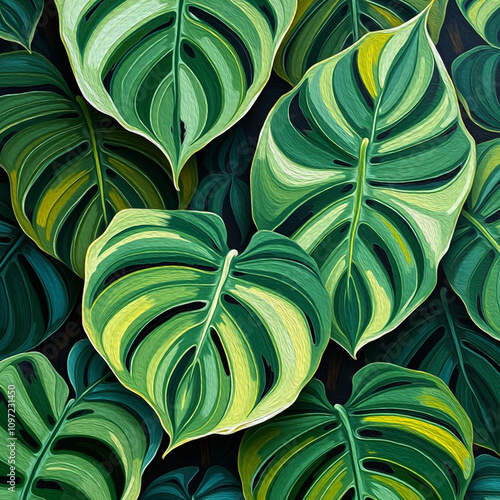 Monstera leaves. Oil painting. Pattern for printing on wall decorations, covers, leaflets, business cards