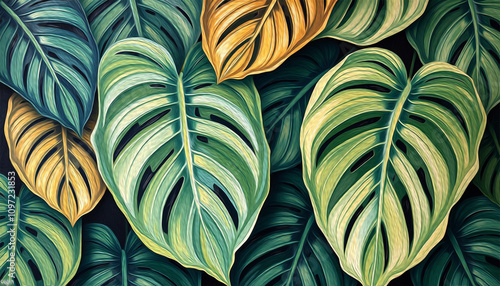 Monstera leaves. Oil painting. Pattern for printing on wall decorations, covers, leaflets, business cards