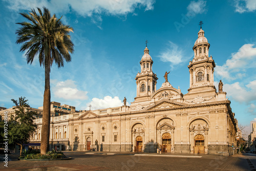 The exterior of the Metropolitan Cathedral of Santiago, Chile, facing Plaza de Armas. The original cathedral was built from 1748 to 1800 (with subsequent alterations) of a neoclassical design.